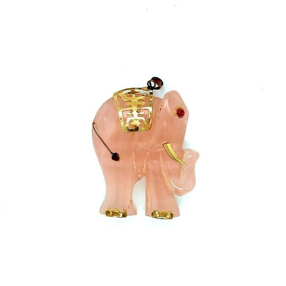 14K Gold Elephant Quartz Ruby Eye Pendant - Picture 1 of 4